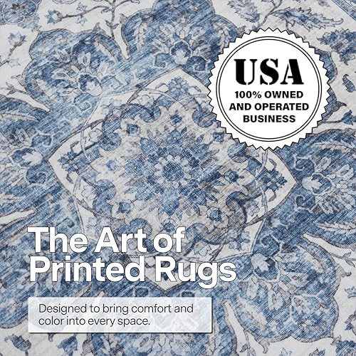 ReaLife Rugs Machine Washable Area Rug - Living Room Bedroom Bathroom Kitchen Entryway Office - Padded Low Pile Stain Resistant Premium - Boho Farmhouse Vintage - Joy - Blue Ivory 5' x 7' - Image 4