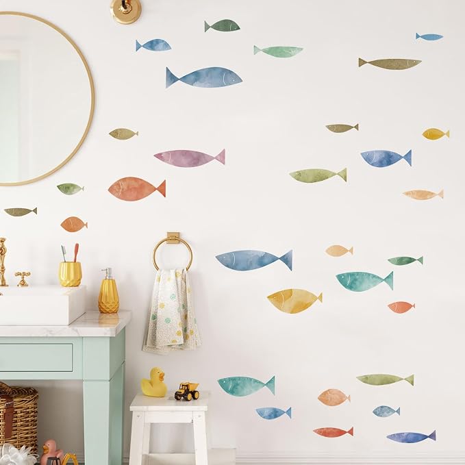 62 Pcs Watercolor Ocean Fish Wall Decals, Peel and Stick Ocean Wall Sticker, Removable Vibrant Sea Life Underwater Theme Wall Decor for Kids Room Nursery Bedroom Playroom Classroom - Image 3