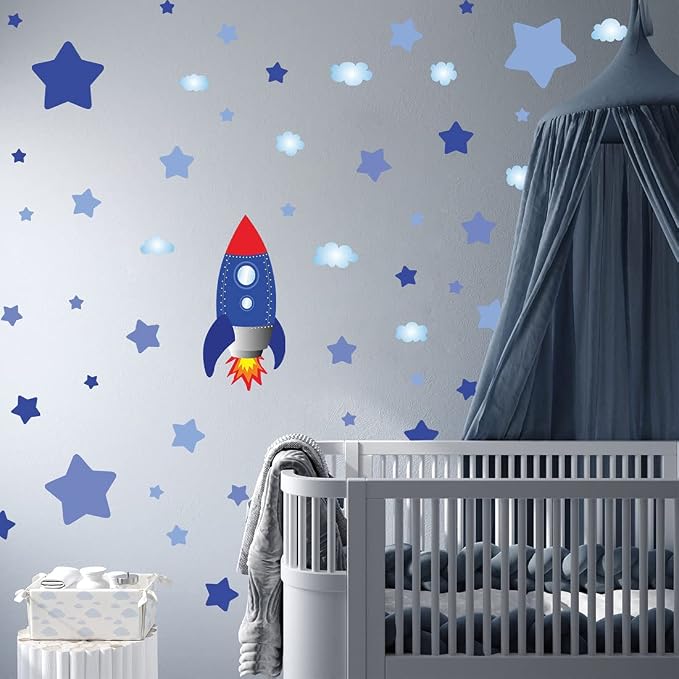 Large Rocket and Star Wall Decals, Outer Space Wall Stickers, Peel and Stick Removable Star Sticker, Art Decor for Kids Boys Bedroom Nursery Living Room,Playroom Classroom Decoration - Image 3