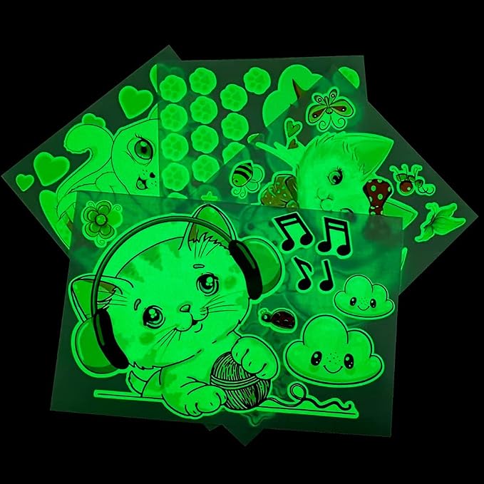 Glow in The Dark Stars for Room,Cats Glowing Wall/Ceiling Decals, Kitten Butterflies Stickers for Kids Bedroom, Clouds Bees Luminous Wall Decor for Boy and Girl Living Room - Image 3