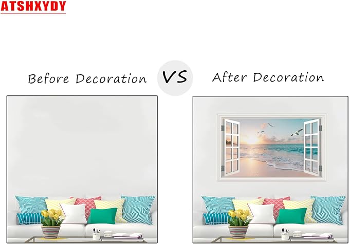 Fake Window Wall Mural Sticker -Summer Sunset Beach Open Wall Art Decal | Faux Window Natural Scenery Landscape Decorations｜Stick and Peel Wall Decals｜Room Bedroom Office Decor｜48"x32"Set of 2 Sheets - Image 4
