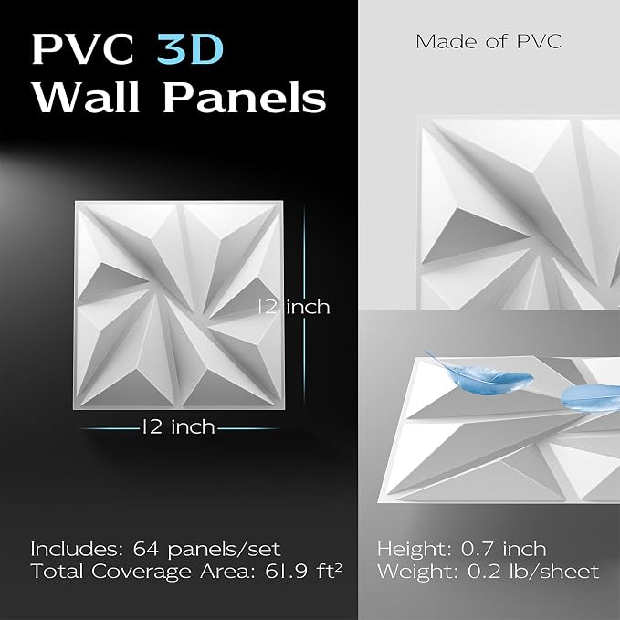 64-Pack 3D Wall Panels, 94" x 94", White | Textured Geometric Design, PVC Material, Paintable, Easy Install - Image 2