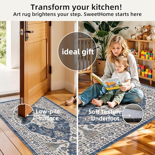 3 Pieces Kitchen Rug Sets: Farmhouse Washable Non-Slip Floor Mat for Sink Stove & Fridge Area Water Resistant Carpet for Laudry Room Entryway Soft Cozy Runners for Kids Pets Family(2x3+2x4+2x5,Blue) - Image 4