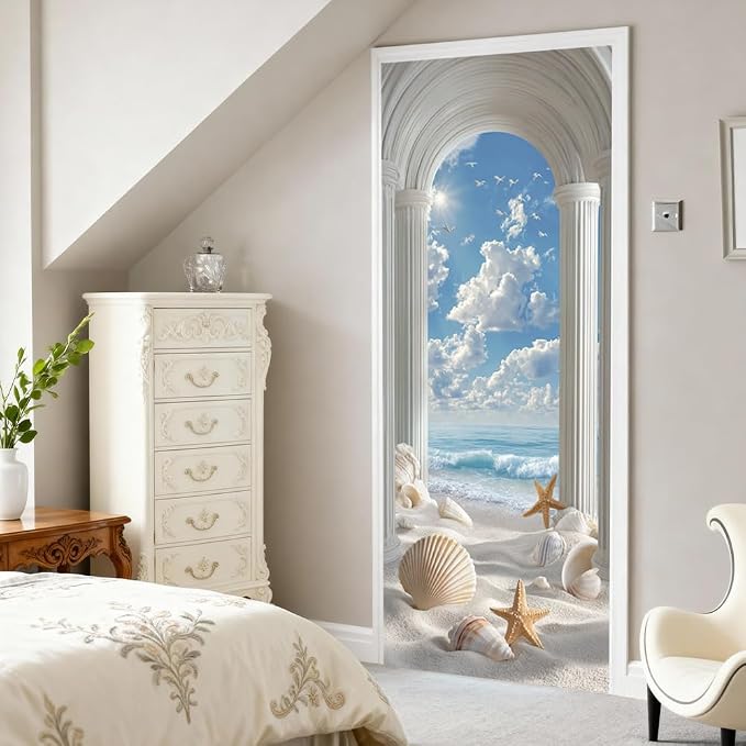 Roman Arch Seashell Beach Door Mural Peel and Stick 30.3x78.7in | 30.3x78.7in Roman arch seashell ocean door mural peel and stick; removable self-adhesive door decal for home decor - Image 6