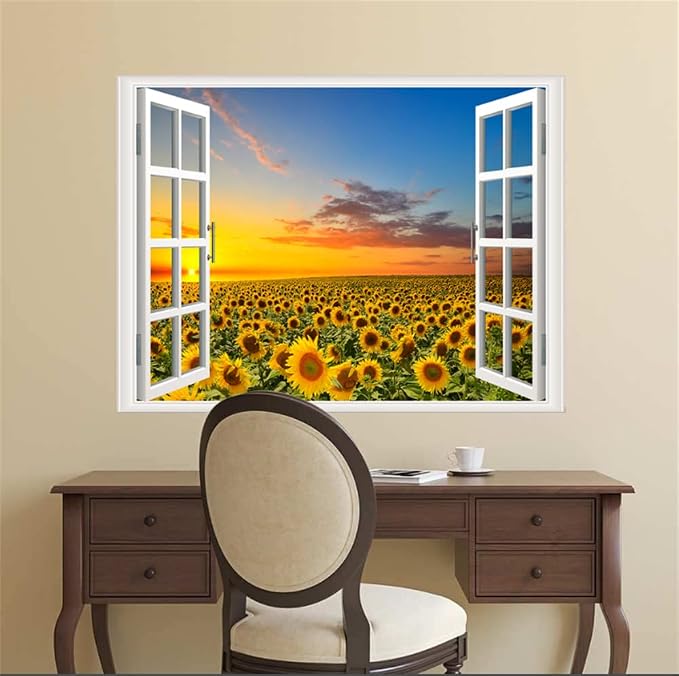 Self-Adhesive Wall Sticker Romantic Living Room Bedroom Study Office Decorative Wall Sticker Ocean Scenery Fake Window Sticker Mural (Sunflower, 23.6"×35.4") - Image 4