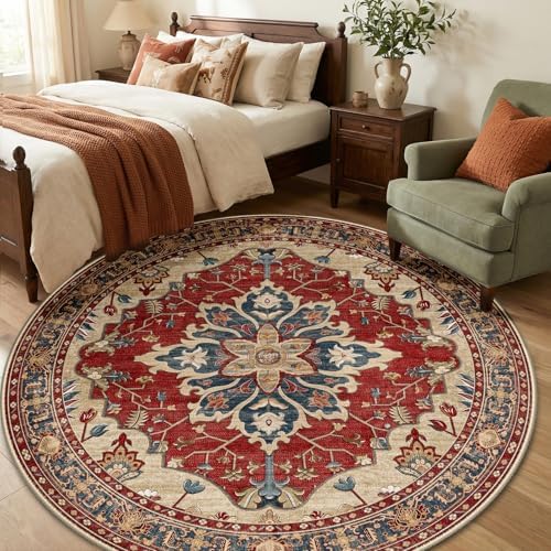 RELEANY Washable Area Rug, Round 6ft, Red/Blue - Image 3