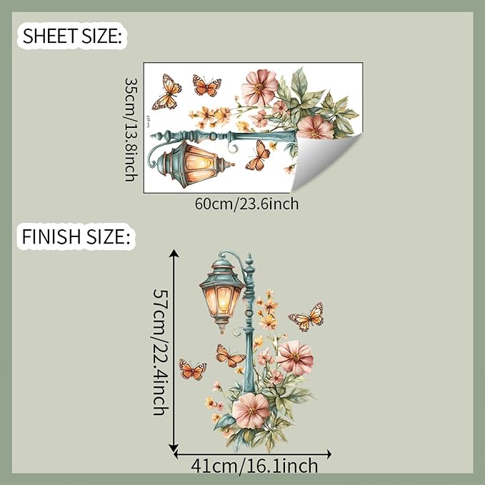 Street Lamp Flower Butterfly Wall Stickers, Streetlight Floral Art Wall Decals Removable Vinyl Peel and Stick Wallpaper for Bedroom Living Room Sofa TV Background Home Decor - Image 2