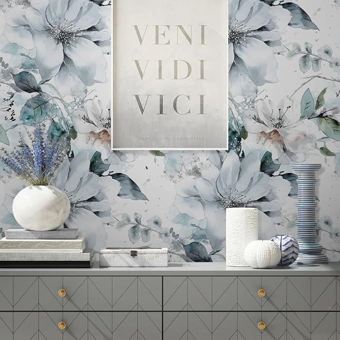 Ice Blue White Large Hyacinth Floral Green Leaf Peel and Stick Wallpaper Wall Decor Self Adhesive Wall Paper Stick on Easy Peel Off Contact for Renter Apartment - Image 4