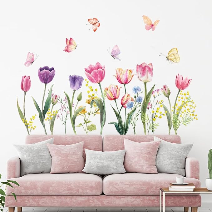 Tulip Flowers Wall Decals Watercolor Floral Butterfly Wall Stickers Colorful Flowers Wall Mural Removable Flower Peel and Stick Wall Art for Girls Bedroom Kids Nursery - Image 2