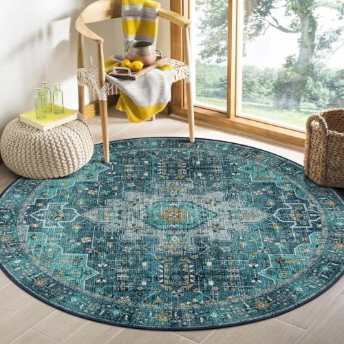 Moynesa Ultra-Thin Washable Round Rug - 4ft Oriental Circle Area Rugs for Bedroom Entryway, Teal Vintage Non Slip Non Shedding Low Pile Carpet for Living Room Coffee Table Kitchen by Moynesa