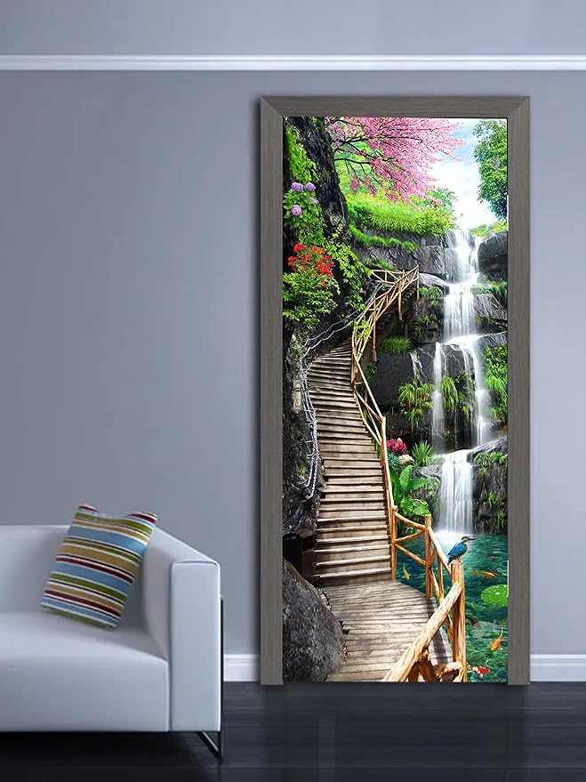 artfanke 3D Trestle Bridge Waterfall Door Sticker Peel and Stick 30.3"x78.7"- Self-Adhesive Door Murals Wallpaper - Waterproof Wall Decal for Bedroom Decor (2 Sheets/Set) - Image 5