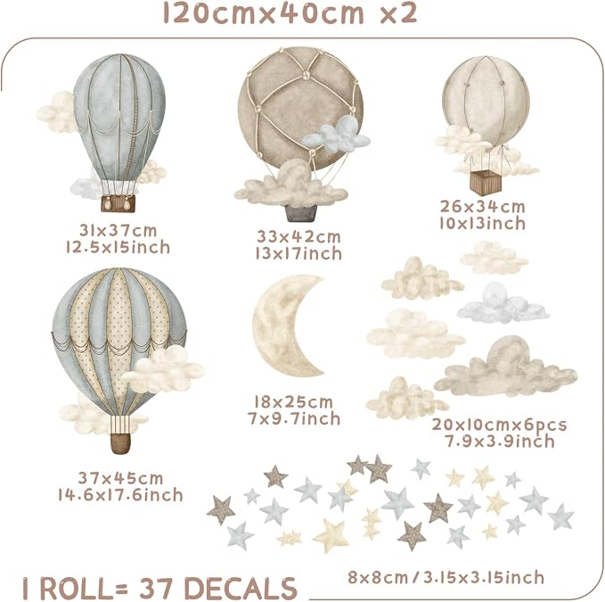 Watercolor Hot Air Balloon Fabric wall Sticker Peel and Stick Stars Clouds Decals for Baby Nursery Kids Bedroom Playroom Decor - Image 2