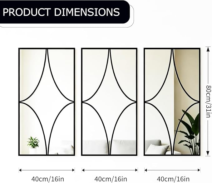Set of 3 Large Rectangular Wall Mirror, Black Rust Resistant Metal Frame Decorative Mirror,Multi-Shape Layout Wall Mount Mirror for Living Room Bedroom Entryway,Dual Use Decor Grooming - Image 7