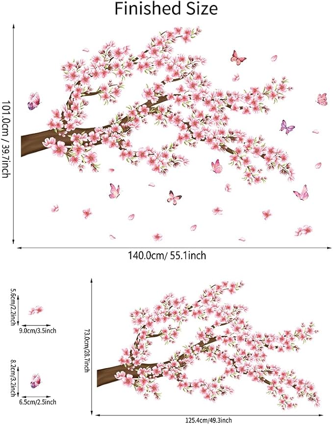 Pink Floral Wall Decal Cherry Blossom Wall Stickers Spring Flower Butterfly Room Decor Peel and Stick Pink Tree Branch Wall Sticker for Bedroom - Image 8