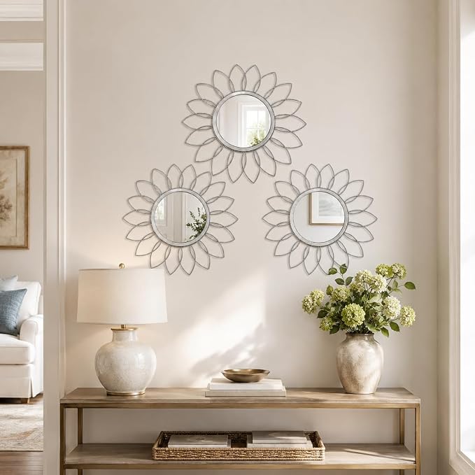 Silver Flower Mirror Set of 3, 3PCS Metal Round Decorative Wall Mirrors, Floral Petal Accent Mirror Wall Decor for Bathroom, Living Room, Bedroom & Entryway - Image 3