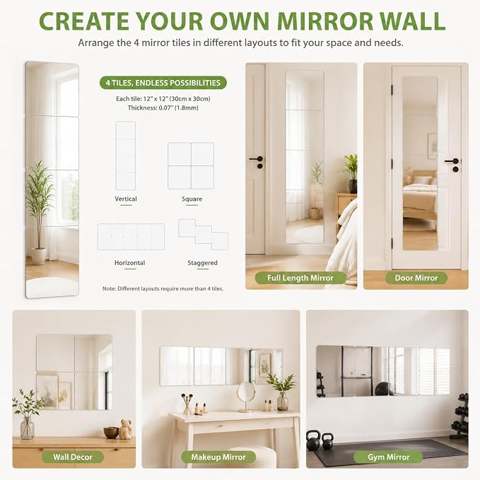 Shatterproof Acrylic Mirror Tiles, Kids Safe Wall Mirror, 4 Pack - Image 5