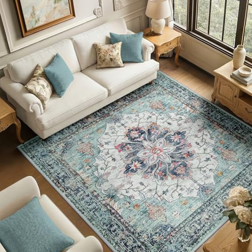 RELEANY Washable Area Rug, Square 6'x6', Teal Green/White/Navy by RELEANY