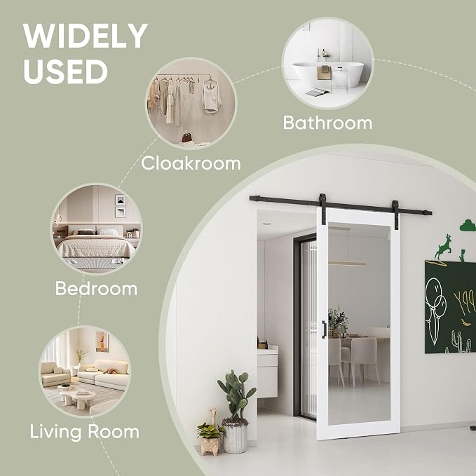 JUBEST 36x84 in Mirror Barn Door and 6.6FT Sliding Door Hardware Kit Included, White Full Length Mirror, Solid Wood Panel Covered with Water-Proof PVC Surface, No Assembly Required - Image 2