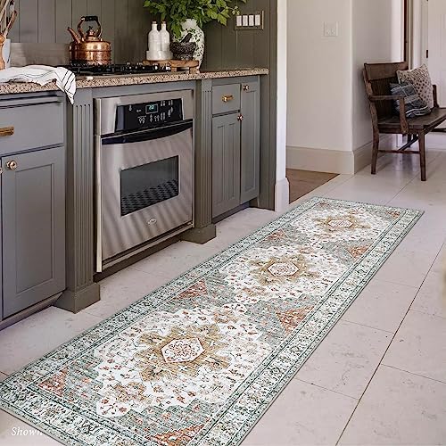 Moynesa Ultra-Thin Washable Runner - 2'6" x 8' Hallway Rug, Kitchen & Bathroom Carpet, Vintage Printed Low Pile Entryway Runner for Apartment, Camper, RV, Beige/Gold by Moynesa
