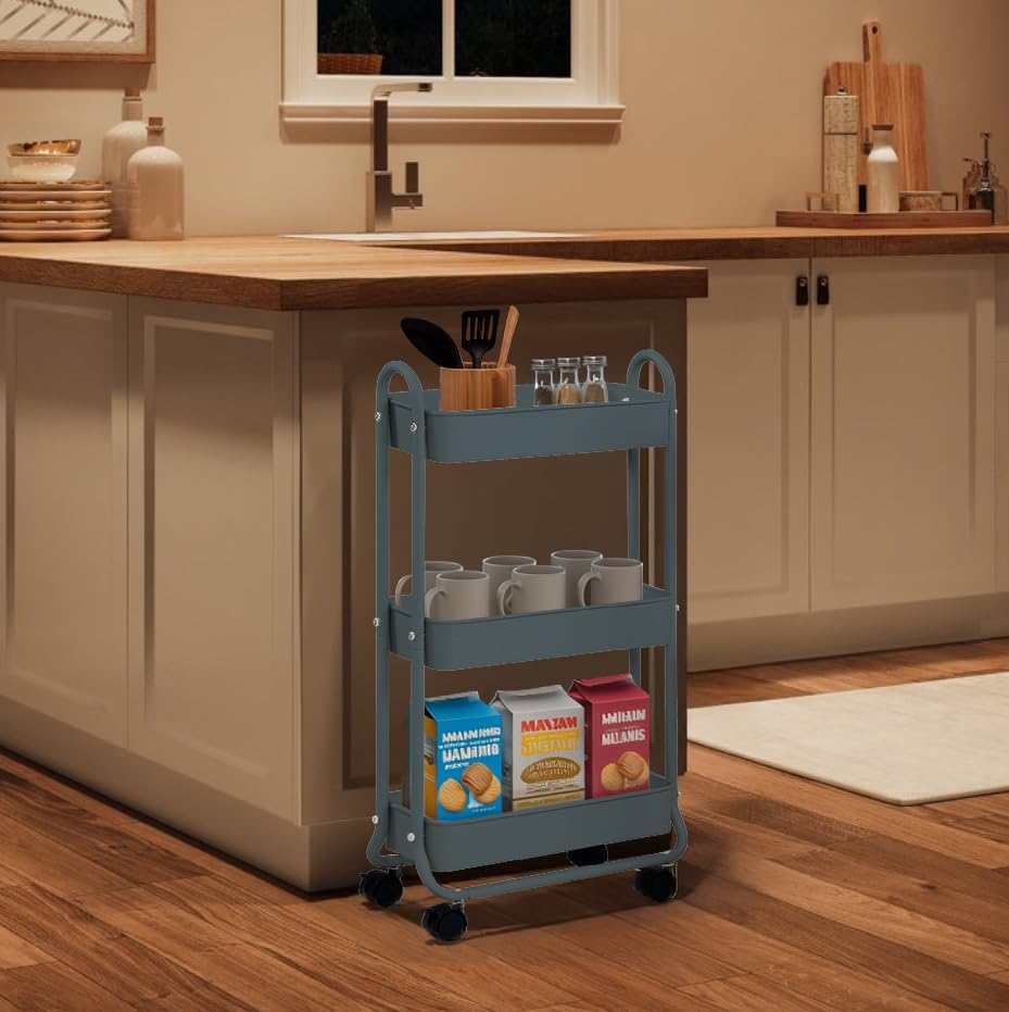 SunnyPoint Slim Rolling Storage Cart, 3 Tier Bathroom Storage Organizer Bathroom, Laundry Utility Cart (Blue) - Image 5