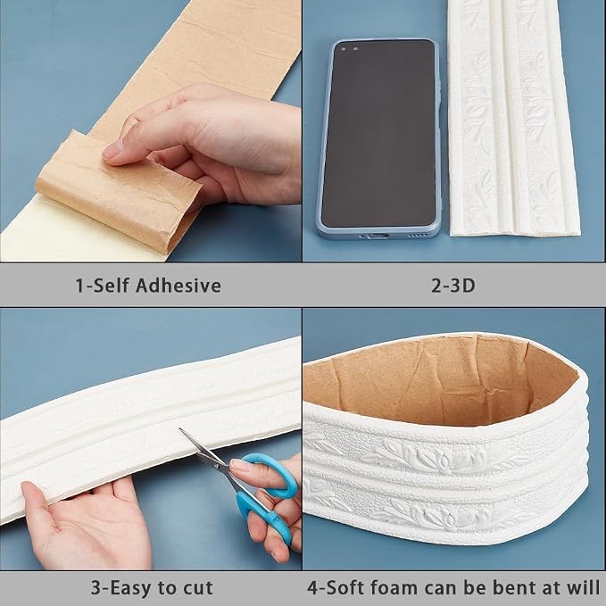 CRASPIRE 90.5 x 3 Wider White Foam Flexible Molding Trim Peel and Stick Self Adhesive Crown 3D Decorative Wallpaper Border Caulk Trim Wall Baseboard Lines Mirror Moulding Frame Strip for Home Decor - Image 6