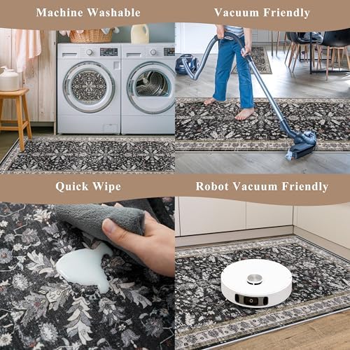 2x3 Rug Non-Slip Washable for Kitchen – Boho Small Throw Rug for Sink & Entryway, Soft Low Pile Thin Indoor Mat for Pet Area & Bathroom (Black, 2x3) - Image 7