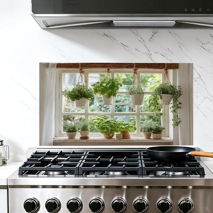 Herb Garden Kitchen Backsplash Peel and Stick, 30x16 in | Farmhouse window with hanging herb baskets and terracotta pots; flat 2D waterproof peel and stick; wipe clean; 30x16 in by JOYHAUE