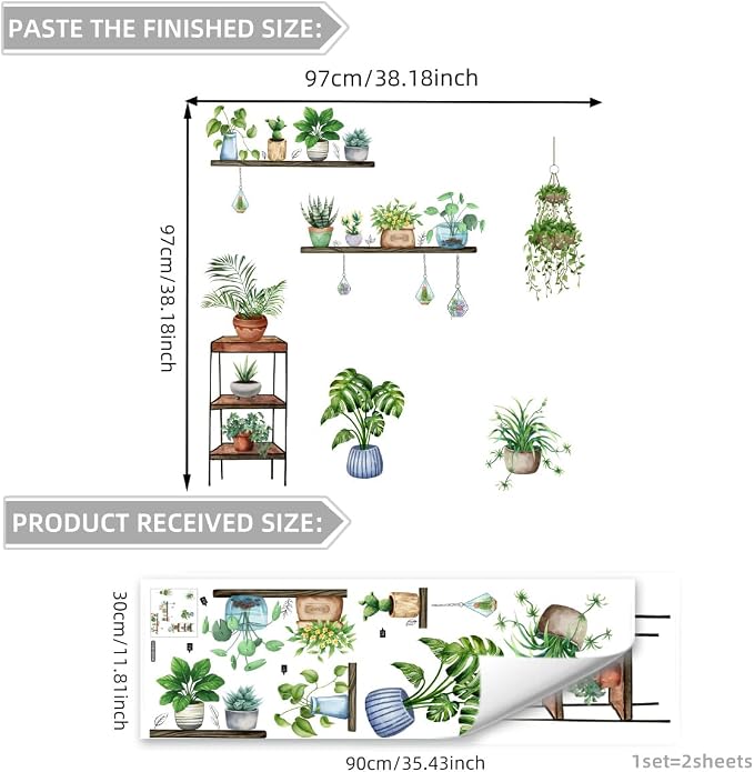 3D Hanging Potted Green Plant Shelf Wall Decals - Peel and Stick, Tropical Succulent and Floral Wall Stickers, Removable, Nature Wall Art Mural - for Living Room, Kitchen, Office, and Home Decor - Image 2