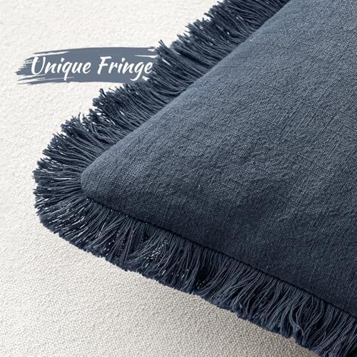 MIULEE Linen Fringe Decorative Euro Throw Pillow Covers Indigo Blue 24x24 - Image 3