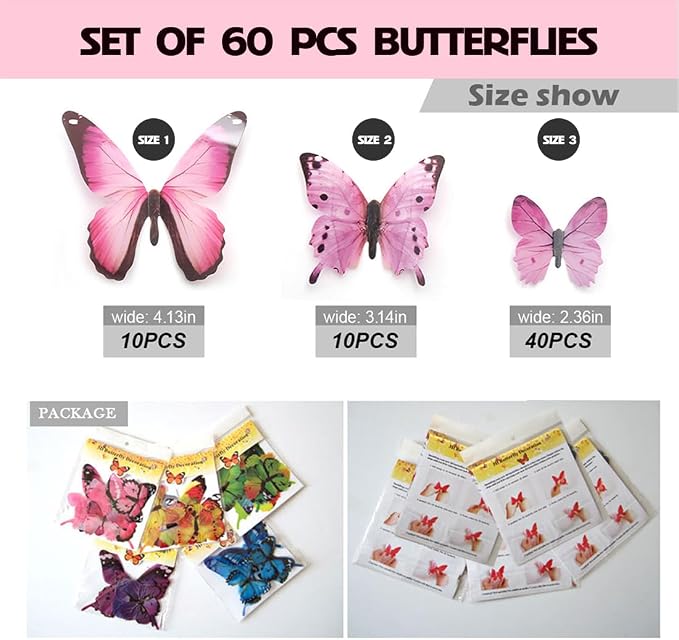Butterfly Wall Stickers - 60 pcs 3D Butterflies Removable Mural Wall Stickers for Home Room Bedroom Decorations - Image 4