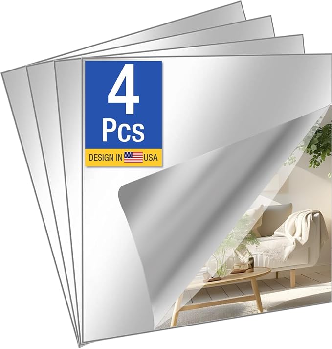 4 Pcs 16" x 16" Acrylic Flexible Mirror Sheets, Peel and Stick Mirror Tiles on Mirrors for Wall, Full Length Body Mirror for Home Gym, Bedroom, Door and Bathroom Decor by Unknown