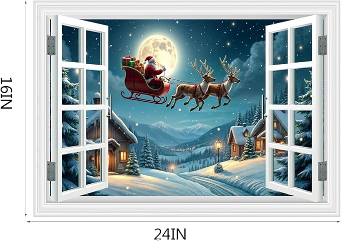 Fake Window Wall Decal - Christmas Night Santa Carry Gifts on The Roof | ｜Faux Window Merry Christmas Wall Art Mural ｜ Stick and Peel Wall Decals｜for Xmas Room Bedroom Office Scene Decor｜24"x16" - Image 6