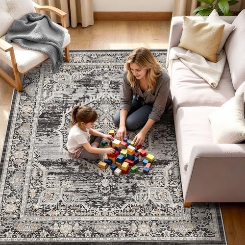 Washable Area Rugs 5x6 Entryway: Soft Ultra Thin Low Pile Mat Machine Washable Indoor Doormat Lightweight Entry Rug Anti Slip Backing Rugs for Living Room Bedroom Kitchen 5'x6' Black - Image 2