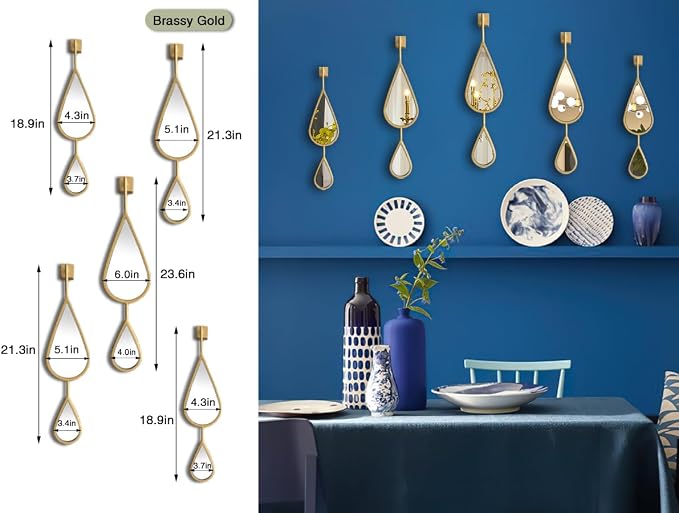 BAODANFU Wall Mirror Decorative Mirrors Mounted Decor Tear Drop Shape Gold for Bedroom Living Room Entryway Bathroom Vanity Brassy Gold Metal Frame, 5-Pack Mirrors Set - Image 2