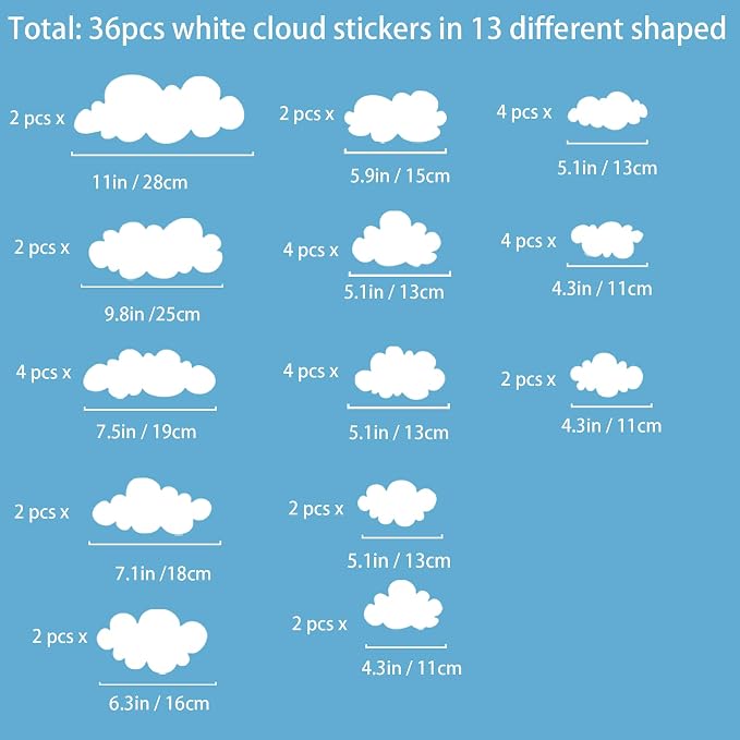34 Pcs Big Clouds Wall Stickers, Removable Cloud Decor Wall Decals Vinyl Sticker Self Adhesive Wallpaper Mural for Girls Bedroom Nursery Children Baby Kids Living Room Home Art Mural Decorations - Image 2