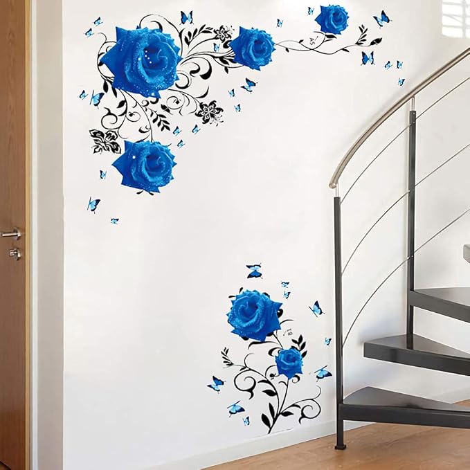 Supzone Blue Rose Wall Stickers Rose Flower Vine Wall Decal Purple Peony Floral Wall Decor DIY Vinyl Mural Art for Bedroom Living Room Sofa Backdrop - Image 5