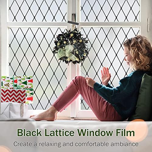 VELIMAX Frosted Black Lattice Window Film Static Cling Window Privacy Films Decorative Glass Vinyl Film for Windows Removable Sun Blocking Anti-UV 17.7x118 inches - Image 2