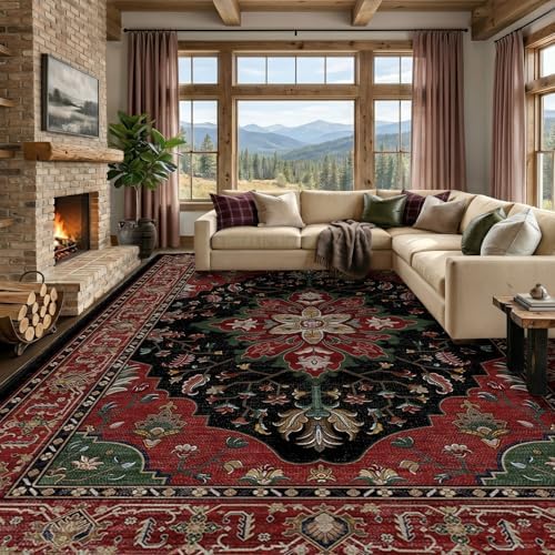 RELEANY Washable Area Rug, Large 10'x14', Red/Black by RELEANY