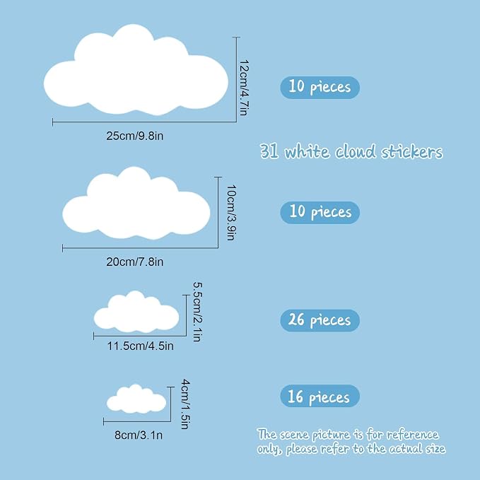 62PC White Cloud Wall Decals, Removable Wall Stickers | 4 Sizes, Aesthetic Nursery Decals, DIY Kids Bedroom, Living Room, Classroom Decals - Image 2