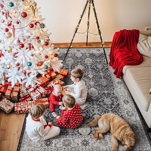 5x7 Living Room Area Rugs: Washable Non-Slip Stain Resistant Rug for Bedroom Dining Room Vintage Ultra Soft Indoor Carpet for Nursery Kitchen Farmhouse Thin Floor Mat for Home Office (5x7 Black) - Image 2