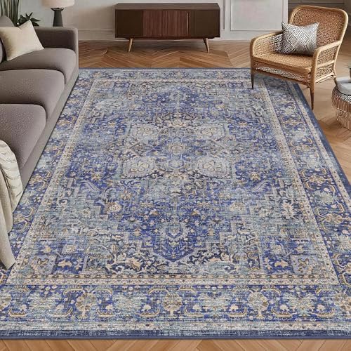 Washable Area Rug 3' x 5 ' Vintage Traditional Persian Mat - Foldable Distressed Non-Slip Machine Washable Carpet for Living Room Bedroom Kitchen Home Decor - Indigo and Gold by Unknown