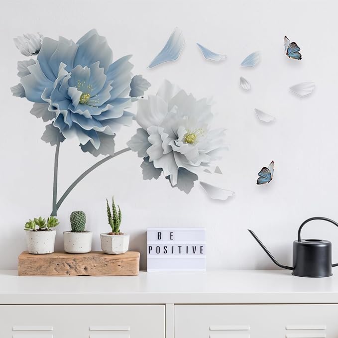 Large Peony Flower Wall Decals Elegant Blue and White Floral Wall Sticker Removable Vinyl Blossom Murals with Flying Butterflies Petals for Living Room Bedroom Sofa TV Background Home Decor - Image 8