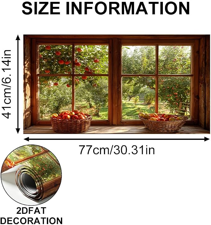 Apple Orchard Kitchen Backsplash Peel and Stick, 30x16 in | Wood frame window view of apple orchard with harvest baskets; flat 2D waterproof peel and stick; wipe clean; 30x16 in - Image 6