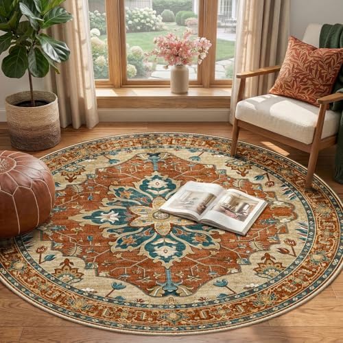 RELEANY Washable Area Rug, Round 4ft, Red/Orange/Blue/Brown - Image 2
