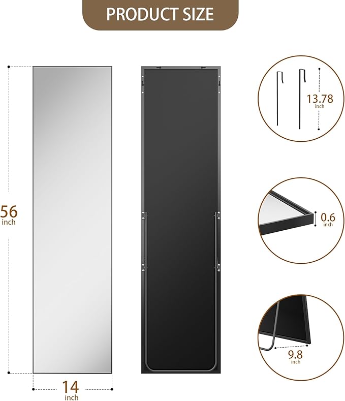 Antok Full Length Mirror, 56"x14" Floor Mirror with Stand, Black, Rect - Image 7