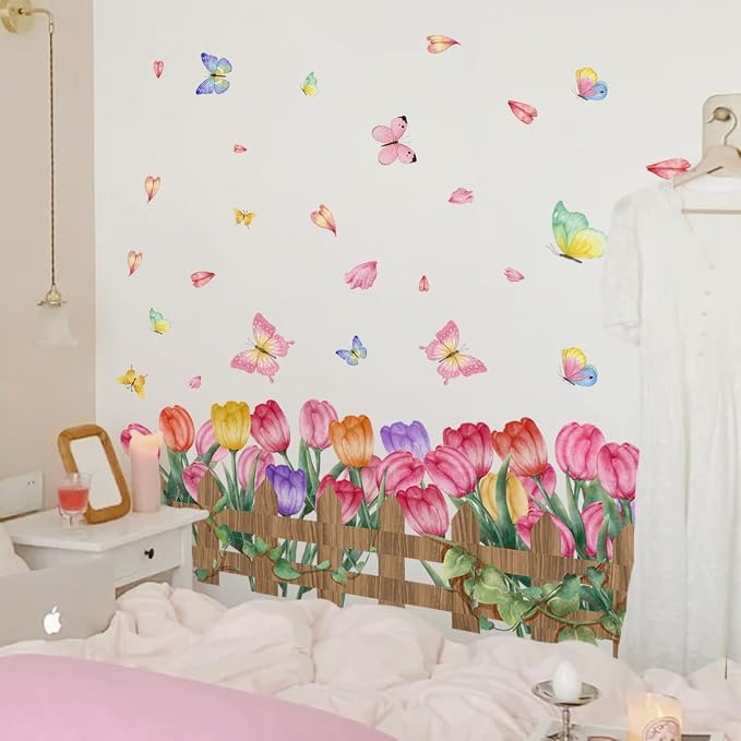 2 Pieces Tulips Wall Decals Vinyl Flowers Wall Stickers Removable Floral Art Murals Peel and Stick Colorful Tulips Fence Butterfly Decor for Girls Bedroom Living Room Nursery - Image 3