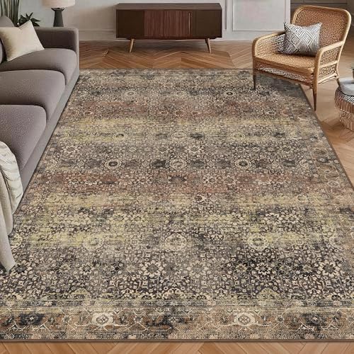 Washable Area Rug 4' x 6' Vintage Traditional Persian Mat - Foldable Distressed Non-Slip Machine Washable Carpet for Living Room Bedroom Kitchen Home Decor - Umber and Slate by Unknown