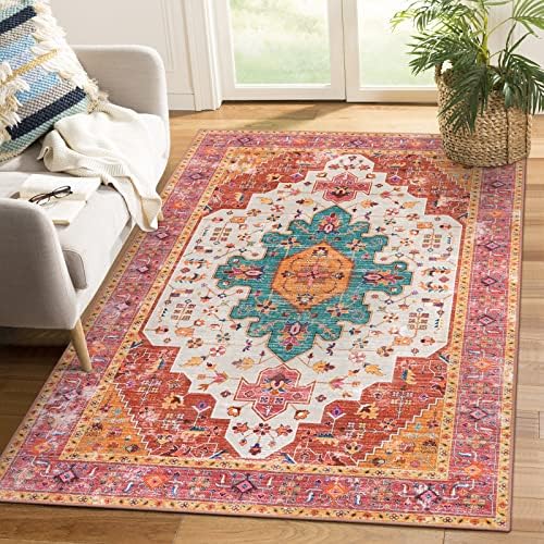 Moynesa Ultra-Thin Washable Area Rug - 4x6 Pink Rugs for Bedroom Girls Vintage Rug for Living Room, Non Slip Non Shedding Low Pile Indoor Throw Carpet for Nursery Office Entryway Kitchen Foyer by Moynesa