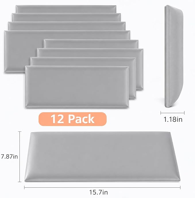 Anti Collision Wall Padding for Kids, Upholstered 3D Wall Panels | 12 Packs 7.8'' x 15.7'' Peel and Stick Headboard, Self Adhesive Wall Pads for Kids, Bedroom, Living Room, Gray - Image 3