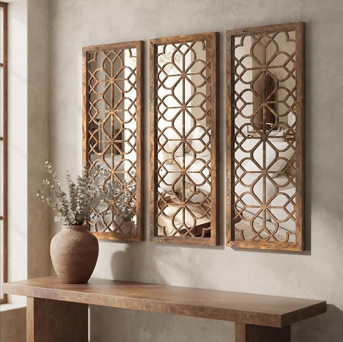 Set of 2 16x41.5 Inch Large Carved Floral Wood Frame Wall Mirrors, Shatterproof Boho Farmhouse Rustic Accent Mirrors for Living Room, Bedroom, Bathroom, Entryway & Home Wall Decor，Maroon - Image 3
